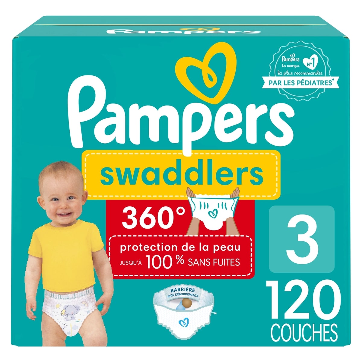 Pampers Couches à enfiler Swaddlers 360, pour une protection de la peau jusqu’à 100% sans fuites, taille3 (7,3kg à 12,7kg [16lb à 28lb]), 120couches 120 ea, 0,35 $/1ch