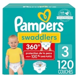 Pampers Couches à enfiler Swaddlers 360, pour une protection de la peau jusqu’à 100% sans fuites, taille3 (7,3kg à 12,7kg [16lb à 28lb]), 120couches 120 ea, 0,33 $/1ch