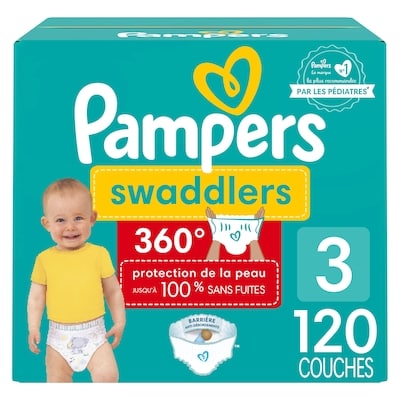 Pampers Couches à enfiler Swaddlers 360, pour une protection de la peau jusqu’à 100% sans fuites, taille3 (7,3kg à 12,7kg [16lb à 28lb]), 120couches 120 ea, 0,33 $/1ch