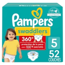 Pampers Couches à enfiler Swaddlers 360, pour une protection de la peau jusqu’à 100% sans fuites, taille5 (12,3kg et plus [27lb et plus]), 52couches 52 ea, 0,65 $/1ch