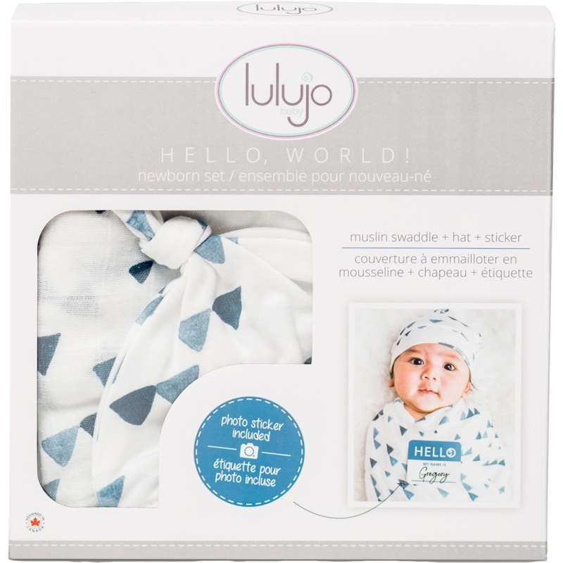 Hello World Blanket + Knotted Hat - Navy Triangles 