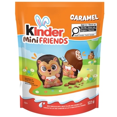 Kinder Mini Friends, chocolat au lait avec une garniture au lait et morceaux de caramal. 122 g, 4,92 $/100g