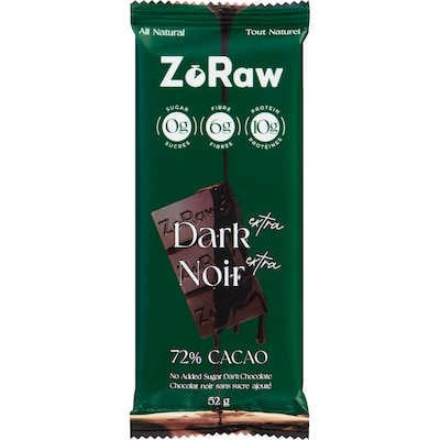 ZoRaw No Added Sugar Dark Chocolate Dark Extra 72% Cacao 52 g, $9.60/100g