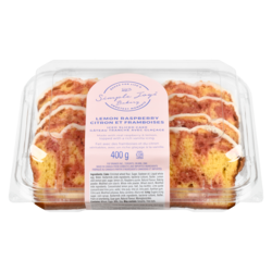  Gâteau tranché avec glaçage citron et framboises 400 g, 1,50 $/100g