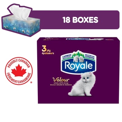Royale Velour Facial Tissue, 18 Flat Boxes, 82 Tissues per box 18 ea, $1.53/1ea