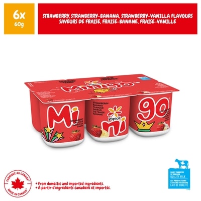 Yoplait Minigo Duo yogourt 2 % saveurs variées,Fraise/ Fraise-Banane/ Fraise-Vanille Saveur De,6ct 6x60.0 g, 1,25 $/100g