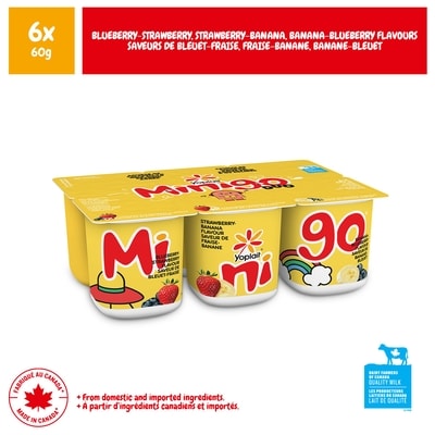 Yoplait Duo Minigo 2 % saveurs variées , Bleuet-Fraise/ Fraise-Banane/ Banane-Bleuet Saveur De, 6ct 6x60.0 g, 1,25 $/100g