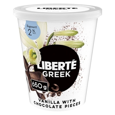 Liberte Greek Stracciatella 2% Yogurt, Vanilla with Chocolate Shavings, High Protein 650 g, $1.38/100g