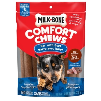 Milk-Bone Comfort Chews Gâteries pour Chiens Moyennes Barre avec Bœuf 3 Gâteries à Mâcher 210 g, 4,52 $/100g