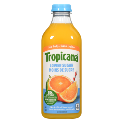 Tropicana Jus d'orange moins de sucre sans pulpe 1.36 l, 0,46 $/100ml