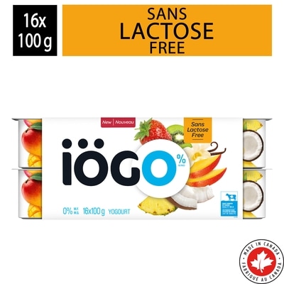 IOGO Strawberry-Kiwi Mango Coconut-Pineapple-Banana Vanilla Lactose-Free Yogurt Cups 0% 1.6 kg, $0.44/100g