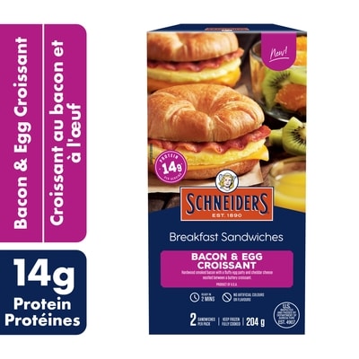 Schneiders Sandwichs déjeuner Croissant au bacon et à lœuf, 2 par paquet 204 g, 3,19 $/100g