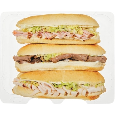 null 3-Pack Sub Sandwich - Ham, Roast Beef, Turkey (After 11am) 580 g, $2.76/100g
