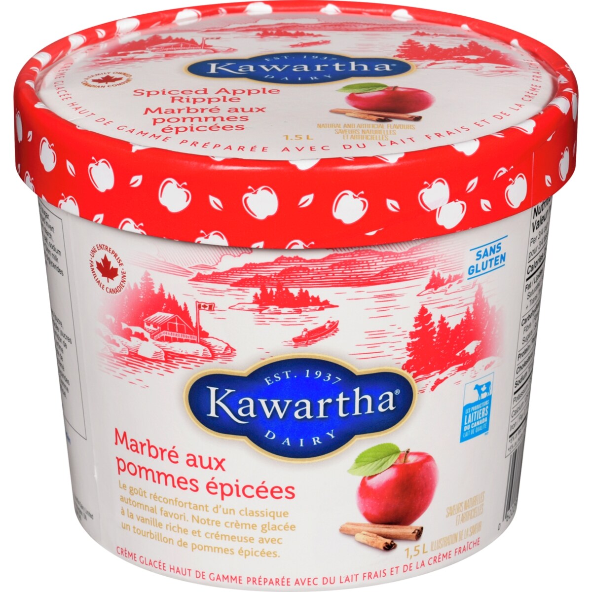 Kawartha Crème glacée haut de gamme préparée avec du lait frais et de la crème fraîche marbré aux pommes épicées 1.5 l, 0,67 $/100ml