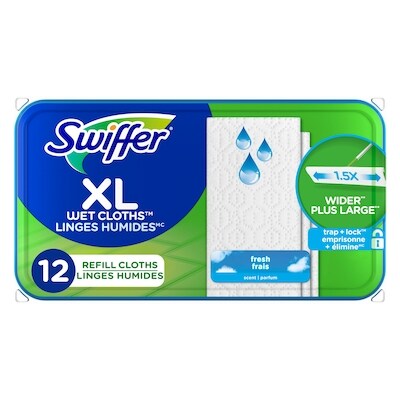 Swiffer Balayer + laver grand format, recharge de coussins humidifiés, nettoyant pour planchers, linges nettoyants, parfum frais, 12 unités 12 ea, 1,25 $/1ch
