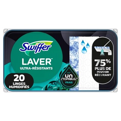 Swiffer Recharges de linges humidifiés multi-surfaces ultra résistants pour balai pour balayer et nettoyer les planchers, parfum Frais Unstopables, 20 unités 20 ea, 0,75 $/1ch