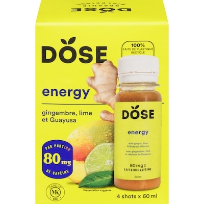 Dose Shots energy gingembre, lime et guayusa biologique 4x60.0 ml, 5,00 $/100ml