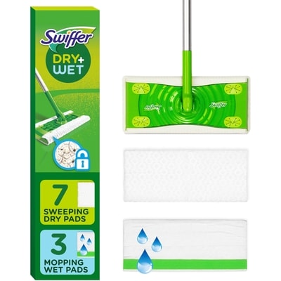Swiffer Sweeper 2-in-1 Dry + Wet Floor Mopping and Sweeping Kit, Multi-Surface Kit for Floor Cleaning, Kit Includes 1 Sweeper, 7 Dry Sweeping Cloths, 3 Wet Mopping Cloths 1 ea, $19.99/1ea