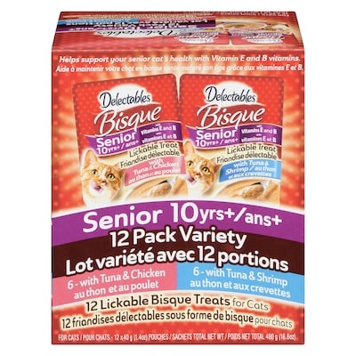 Hartz Bisque friandises délectables sous forme de bisque pour chats senior 10 ans+ lot variété avec 12 portions 12x40.0 g, 3,54 $/100g