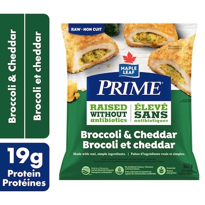 Prime Escalopettes de poulet crues farcies au brocoli et au cheddar, assaisonnées et panées 568 g, 2,64 $/100g