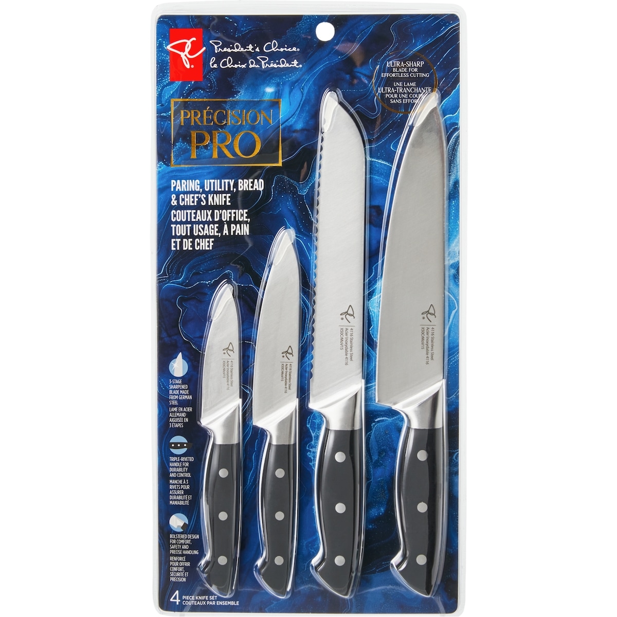 President's Choice Precision Pro Paring, Utility, Bread, and Chef's Knife 4-Piece Set