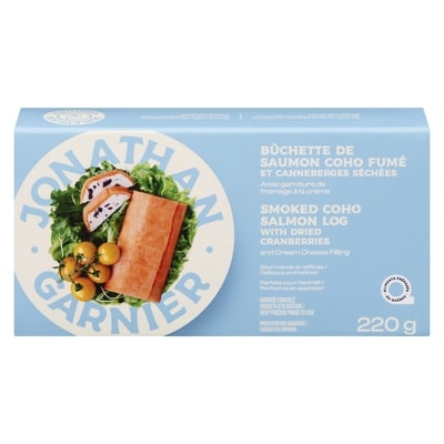Jonathan Garnier Bûchette de saumon coho fumé et canneberges séchées avec garniture de fromage à la crème 220 g, 5,45 $/100g