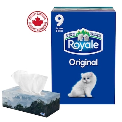 Royale Original Facial Tissue, 9 Flat Boxes, 100 Tissues per box 9 ea, $1.33/1ea