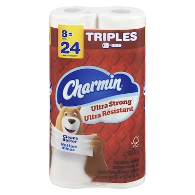 Charmin Ultra Strong Toilet Paper, 8 Equal 24 Rolls, 165 Bathroom Tissues per roll 8 ea, $2.00/1ea
