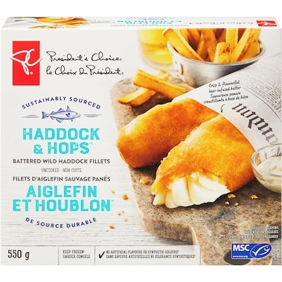 President's Choice Battered Wild Haddock Fillets Haddock & Hops 550 g, $1.82/100g
