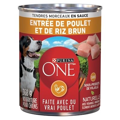 Purina ONE tendres morceaux nourriture humide pour chiens entrée de poulet et riz brun 368 g, 0,73 $/100g