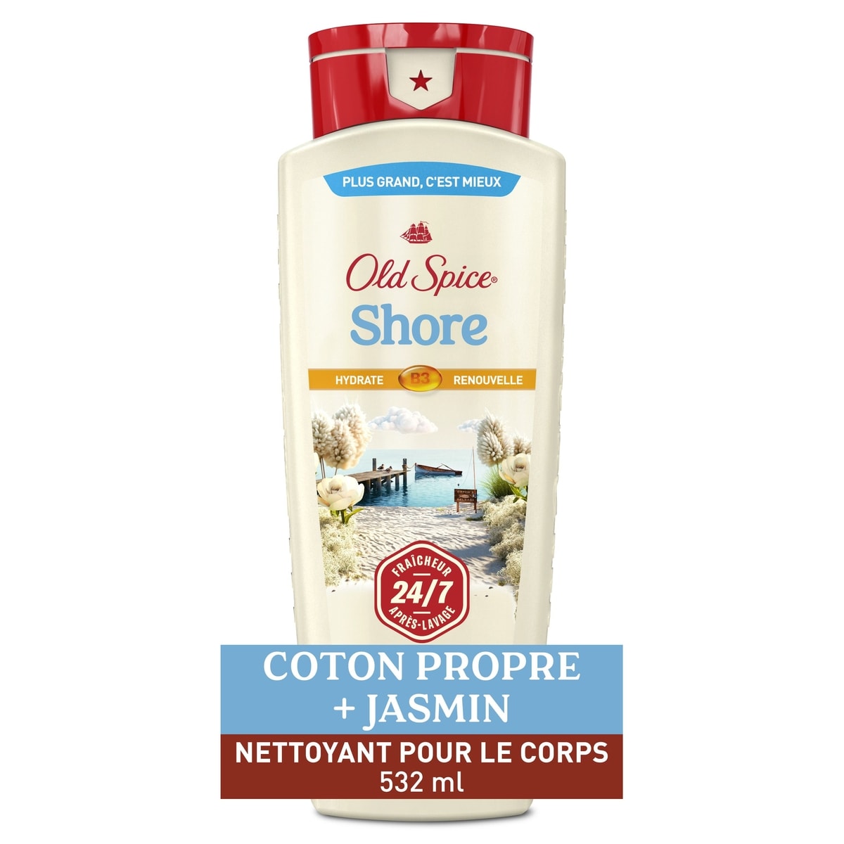 Old Spice Nettoyant pour le corps pour hommes, parfum Shore, fraîcheur après-lavage 24 heures sur 24, 7 jours sur 7, 532 mL (18 oz liq.) 532 ml, 2,25 $/100ml