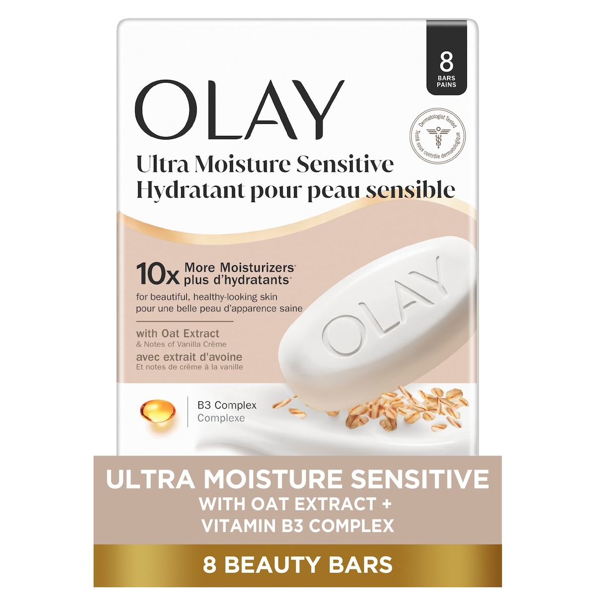 Olay Ultra Moisture Sensitive Beauty Bar with Oat Extract and Notes of Vanilla Crème, 8 count 720 g, $1.67/100g
