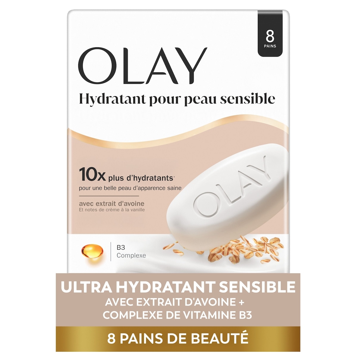 Olay Pain de beauté Ultra hydratant pour peau sensible avec extrait d’avoine et notes de crème à la vanille, 90 g (3,17 oz), 8 unités 720 g, 1,67 $/100g
