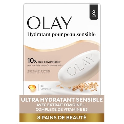 Olay Pain de beauté Ultra hydratant pour peau sensible avec extrait d’avoine et notes de crème à la vanille, 90 g (3,17 oz), 8 unités 720 g, 1,25 $/100g