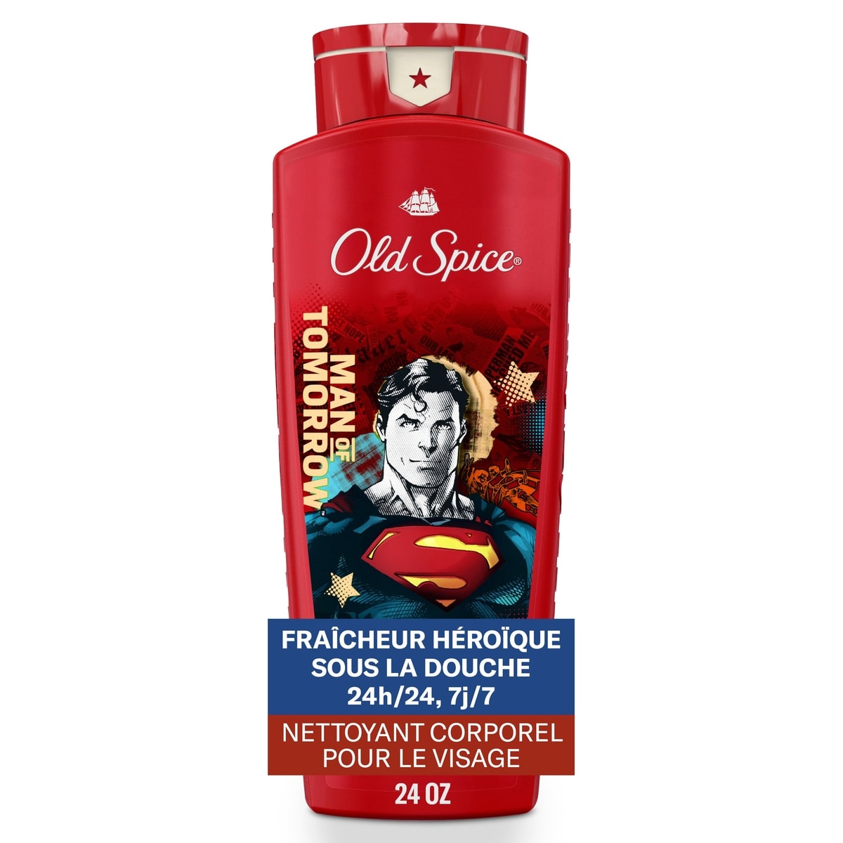 Old Spice Nettoyant pour le corps pour hommes, fraîcheur comme après le lavage 24 heures sur 24, 7 jours sur 7 avec parfum longue durée, nettoyant pour le corps et le visage 2 en 1, mousse riche, Superman, parfum Agrumes vifs et cosmos, 709 mL (24 oz) 709 ml, 1,59 $/100ml