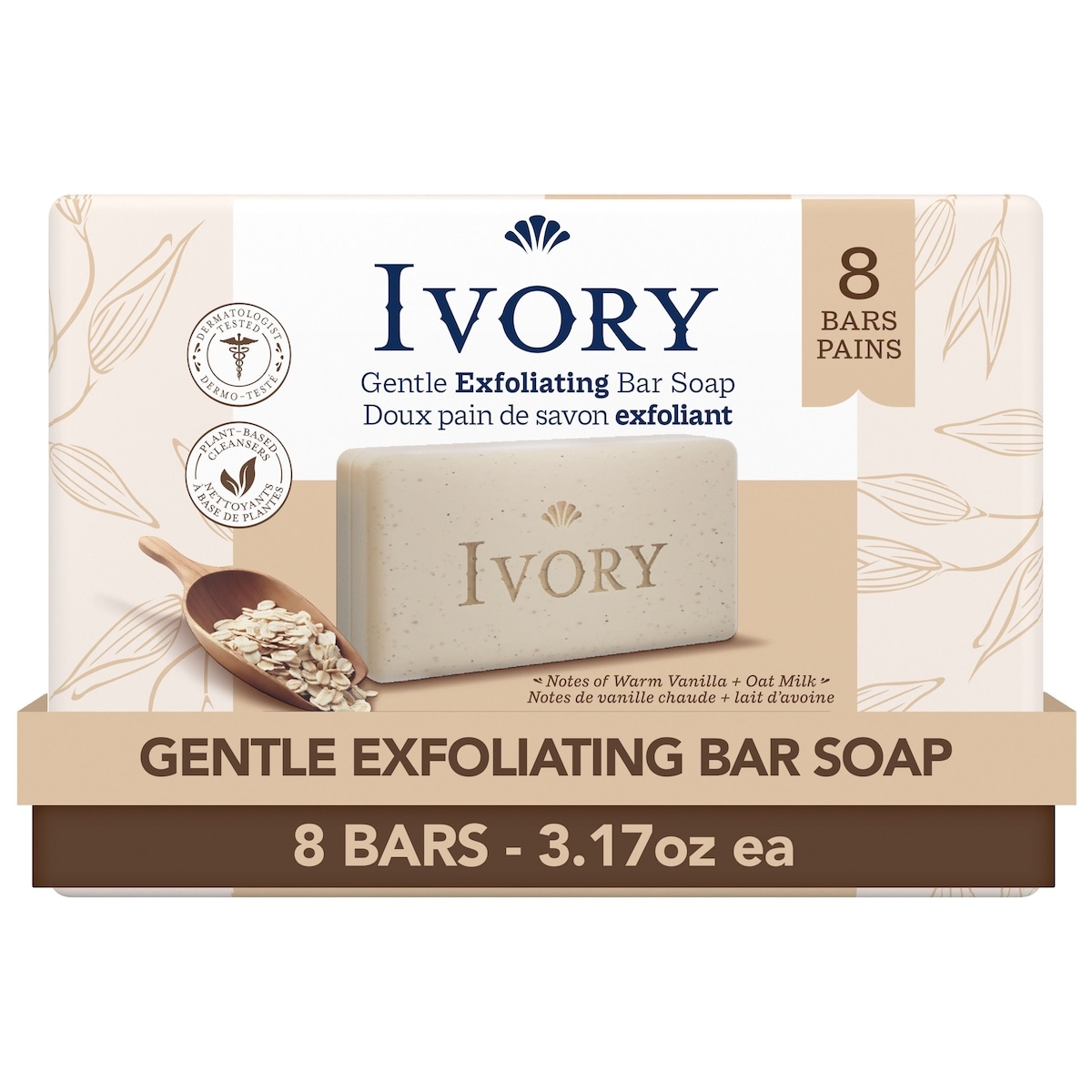 Ivory Gentle Exfoliating Bar Soap, Notes of Warm Vanilla + Oat Milk,, 8 Count 720 g, $0.83/100g