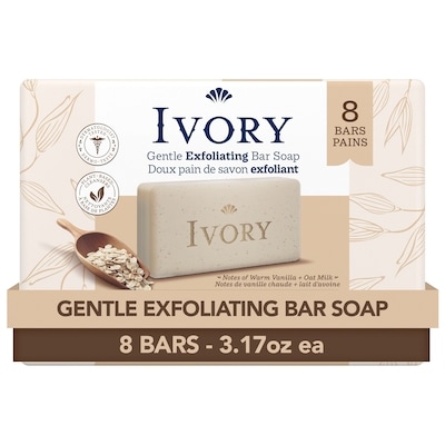 Ivory Gentle Exfoliating Bar Soap, Notes of Warm Vanilla + Oat Milk,, 8 Count 720 g, $1.26/100g