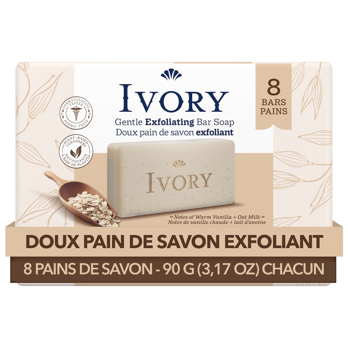 Ivoire Doux pain de savon exfoliant, Notes de vanille chaude + lait d’avoine, 90 g (3,17 oz), 8 unités 720 g, 0,83 $/100g