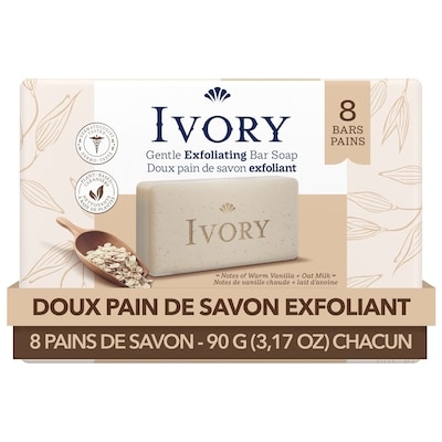 Ivoire Doux pain de savon exfoliant, Notes de vanille chaude + lait d’avoine, 90 g (3,17 oz), 8 unités 720 g, 1,26 $/100g
