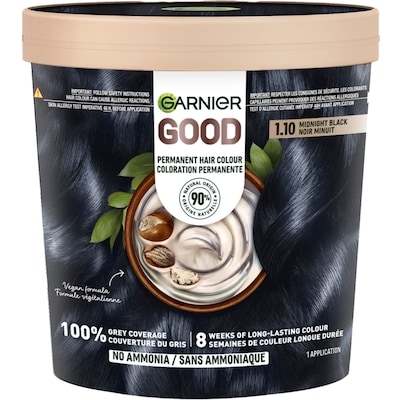 Garnier GOOD, Permanent Hair Dye, 100% Grey Coverage, No Ammonia Midgnight Black 1 ea, $17.99/1ea