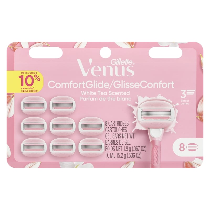 ComfortGlide White Tea Women's Razor Blades, with Built-in Shave Gel Bars, 8 Razor Blade Refills