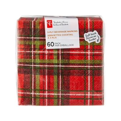 President's Choice 3 Ply Beverage Napkins 60 Pack - Plaid 60 ea, $5.00/1ea