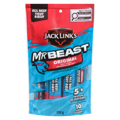 Jack Link’s Bâtonnets de bœuf tout bœuf original 250 g, 8,00 $/100g