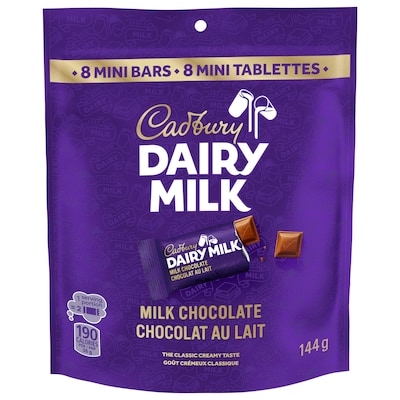 Cadbury DAIRY MILK, tablettes de chocolat au lait, sac de 8 mini-tablettes 144 g, 3,47 $/100g