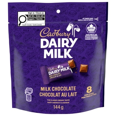 Cadbury DAIRY MILK, tablettes de chocolat au lait, sac de 8 mini-tablettes 144 g, 4,85 $/100g
