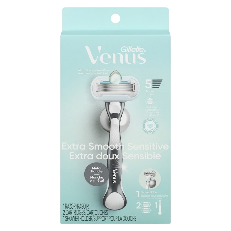 Extra Smooth Sensitive Women's Razor with Reusable Razor Handle, 2 Razor Blade Refills and Shower Holder