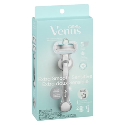 Extra Smooth Sensitive Women's Razor with Reusable Razor Handle, 2 Razor Blade Refills and Shower Holder