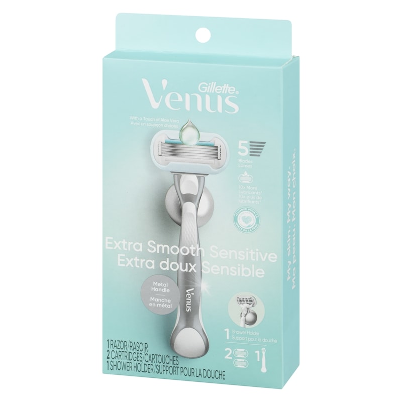 Extra Smooth Sensitive Women's Razor with Reusable Razor Handle, 2 Razor Blade Refills and Shower Holder