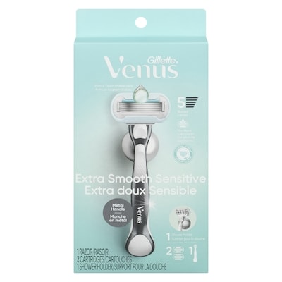 Gillette Rasoir Extra doux Sensible pour femmes avec manche de rasoir réutilisable, 2 cartouches de rechange et un support pour la douche 1 ea, 22,99 $/1ch