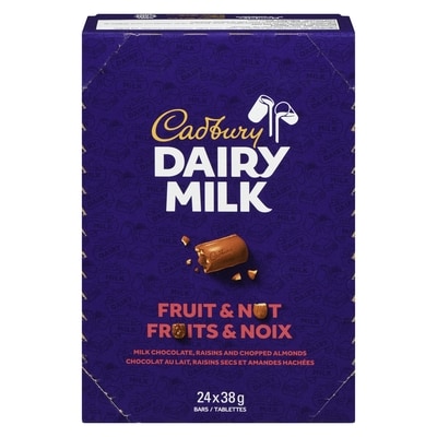 Cadbury DAIRY MILK Fruit & Nut Chocolate Bar, Raisins & Almonds, Case 24x38.0 g, $3.40/100g